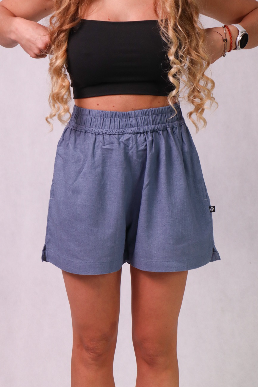 Krótkie spodenki damskie z bawełny, lnu i wiskozy, niebieskie - obrazek 4