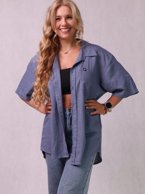 Koszula unisex, luźny krój, bawełna/len/wiskoza, niebieska