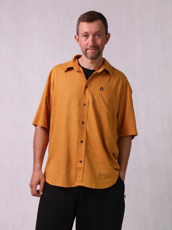 Koszula unisex, luźny krój, bawełna/len/wiskoza, musztardowa