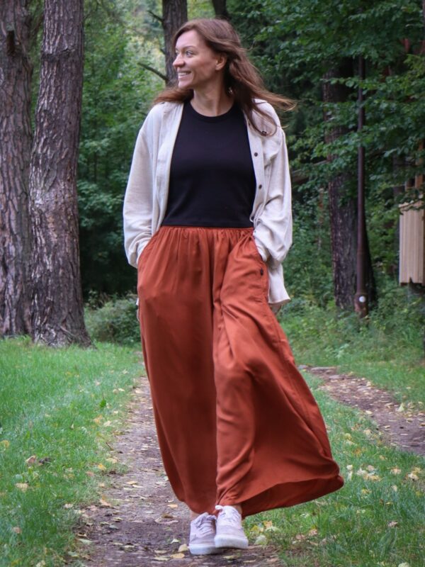 LEJBY Szerokie spodnie palazzo z wiskozy Terakota