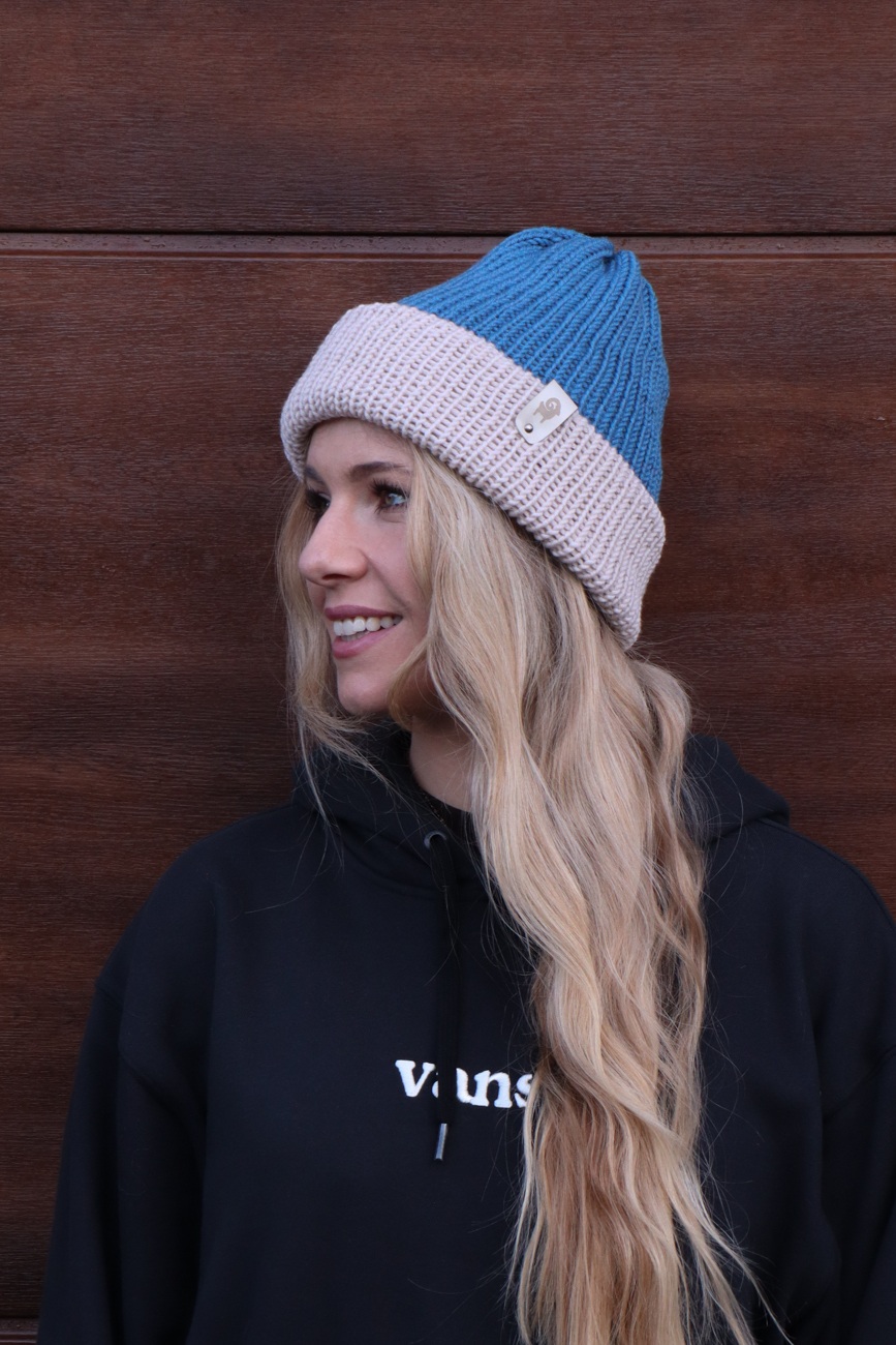 Czapka merino dwustronna Niebiesko-beżowa