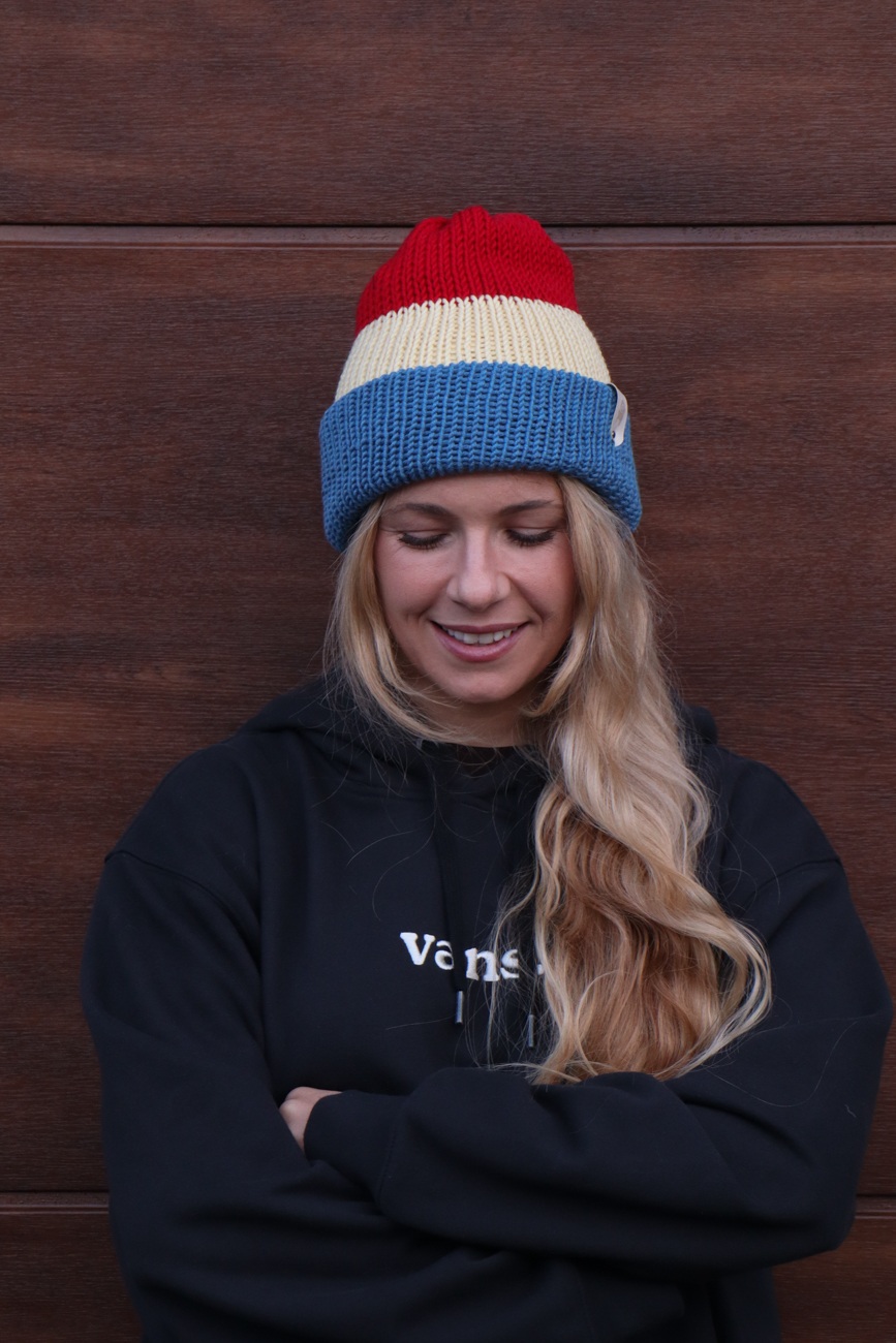 Czapka merino dwustronna Czerwono-masełkowo-niebieska - obrazek 3