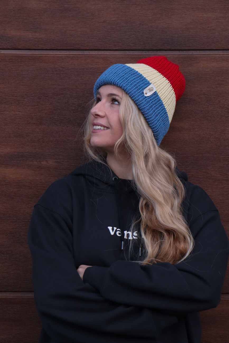 Czapka merino dwustronna Czerwono-masełkowo-niebieska - obrazek 2