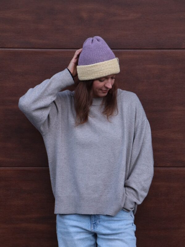 Czapka merino dwustronna Lawendowo-masełkowa