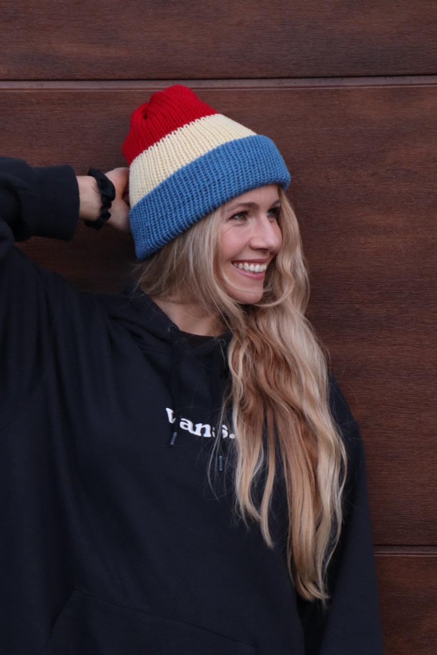 Czapka merino dwustronna Czerwono-masełkowo-niebieska