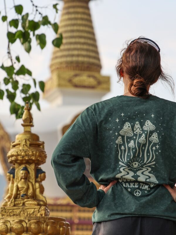 Longsleeve oversize Good Things Take Time - zielony marmur